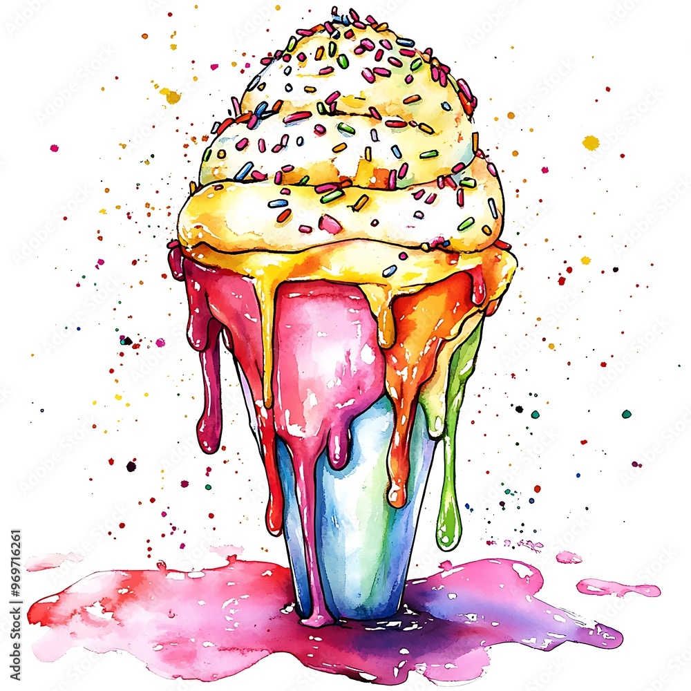 Poster Abstract Watercolor Illustration of a Dripping Ice Cream Cone.