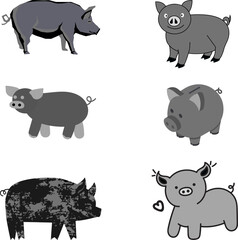 Pig animal set vector blackish color.