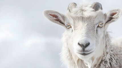 A close-up of a goat's face, showcasing its expressive eyes and detailed fur, against a soft pastel backdrop