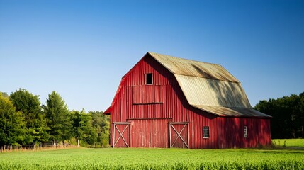 Obraz premium A rustic red barn standing tall in a green field under a clear blue sky, with light shining on its weathered wooden panels