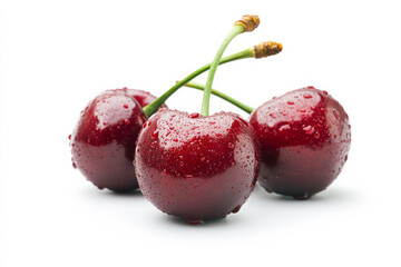 Bunch of Fresh Cherries with Stems on White Background