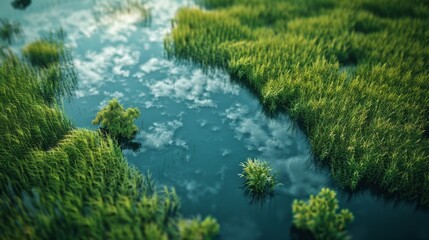 Fototapeta premium Lush Green Paddy Field Reflecting on Tranquil Pond in Peaceful Rural Landscape
