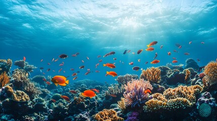 Naklejka premium A vibrant coral reef teeming with colorful fish swimming among the corals, showcasing the beauty of marine life against a light solid color background