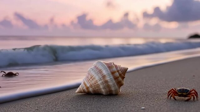 A calm beach scene featuring a shell and a crab, framed by gentle waves and a colorful sunset, evoking tranquility and nature's beauty