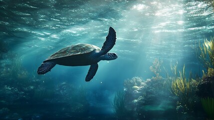 Obraz premium A serene underwater scene featuring a graceful sea turtle gliding through the water, with soft light illuminating the surroundings, ideal for a calming effect