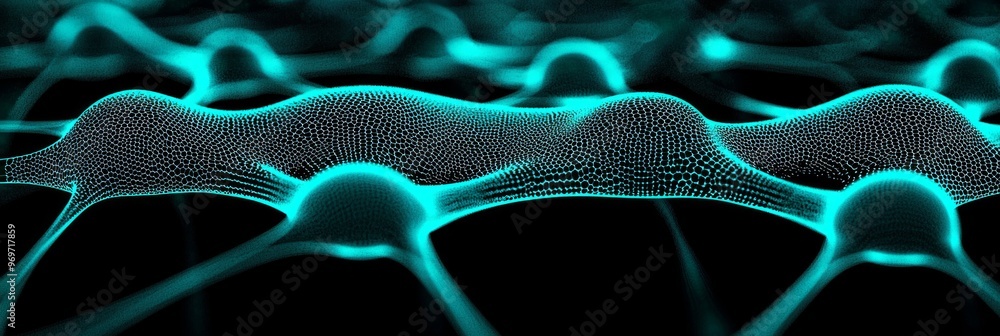 Poster turquoise particles intertwine to create stunning geometric patterns illuminated by glowing lines. t