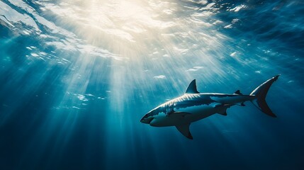 Fototapeta premium A majestic great white shark gliding through crystal clear waters, with sunlight filtering down from the surface, creating a serene atmosphere