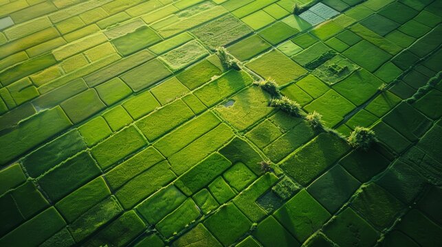 Lush Green Paddy Fields Aerial View Showcasing Serene Rural Landscape