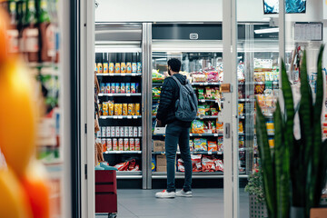 Young man shopping for snacks in a store aisle at night