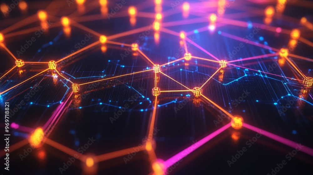 Poster a complex network of interconnected nodes glows in vivid colors, presenting a stunning visual repres