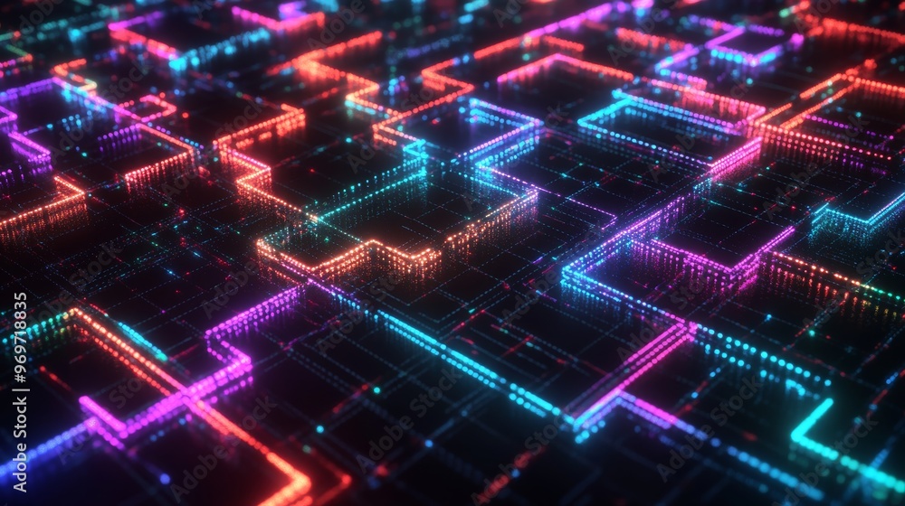Poster a complex network of luminous neon lines weaves through a dark digital space, creating an intricate 