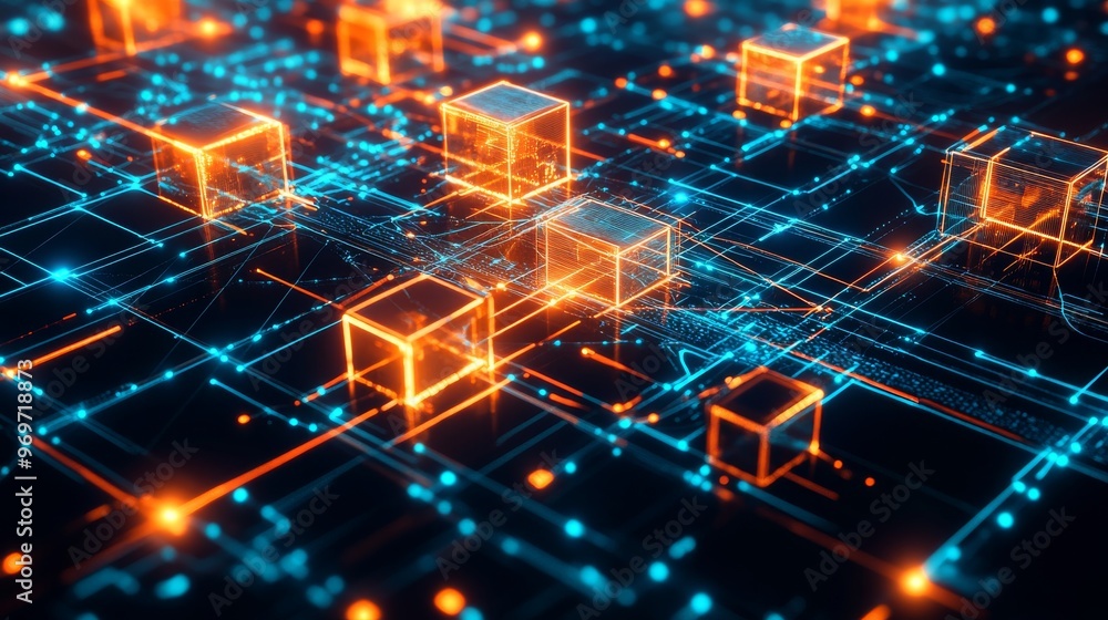 Poster glowing digital cubes are interconnected by bright lines on a dark background, creating a vibrant re