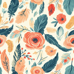 Boho roses and leaves, seamless pattern with flowers, chic digital paper