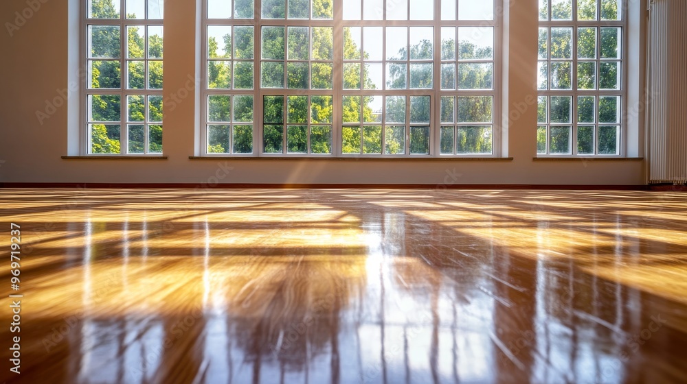 Poster sunlight filters through expansive windows, casting patterns on a gleaming wooden floor in an airy r