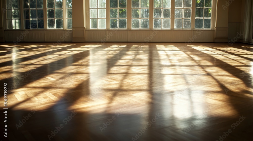 Poster warm sunlight filters through expansive windows, creating a beautiful pattern of light and shadows o