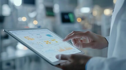 In a bright medical facility, a healthcare professional examines patient data displayed on a tablet, focusing on different statistics and charts relevant to care
