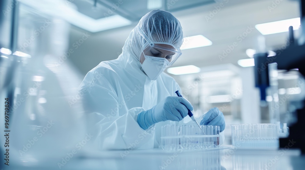 Poster a focused scientist in full protective attire meticulously analyzes samples in a lab, meticulously r