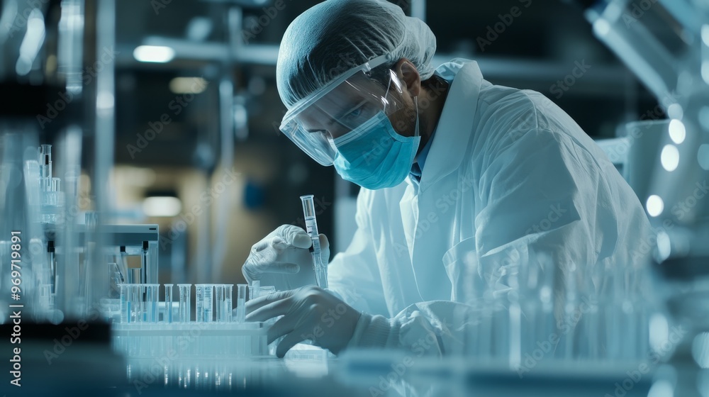 Poster a scientist in protective gear carefully conducts experiments with test tubes and scientific instrum