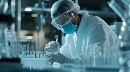 A scientist in protective gear carefully conducts experiments with test tubes and scientific instruments while working in a laboratory setting in the evening