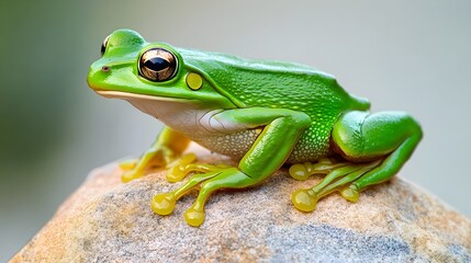Obraz premium A close-up of a vibrant green frog perched on a smooth rock, showcasing its intricate skin textures against a light solid color background