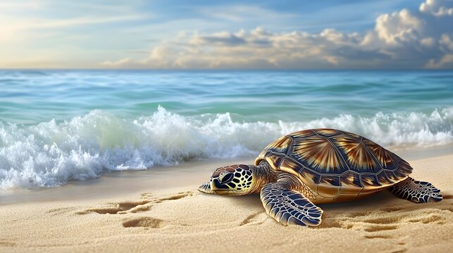 A realistic turtle resting on a sandy beach with gentle waves in the background, showcasing intricate shell patterns and textures