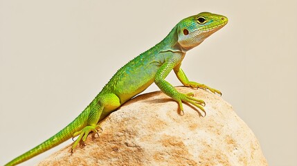 Fototapeta premium A vibrant green lizard perched on a smooth rock, showcasing its intricate scales and vivid colors against a light solid color background