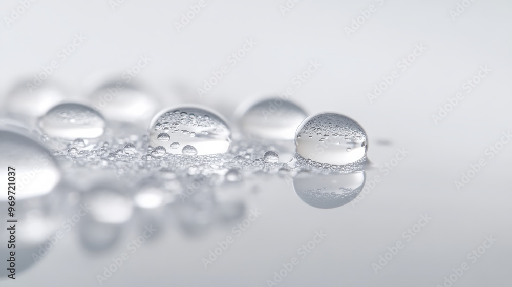 Poster close-up view of clear water droplets resting on a sleek surface, creating reflections and bokeh eff