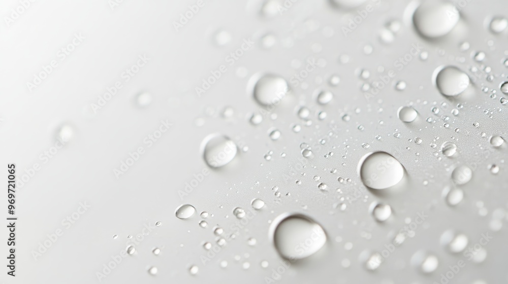 Poster water droplets rest on a smooth surface, showcasing their spherical shapes and the interplay of ligh
