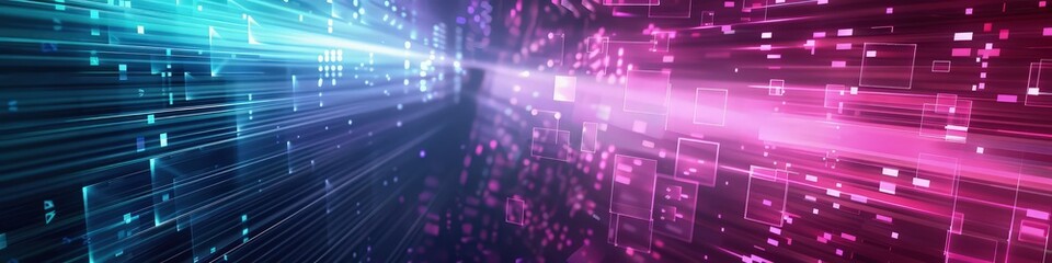 Obraz premium A digital glitch abstract background featuring distorted geometric patterns in vibrant magenta and cyan, creating a dynamic and futuristic aesthetic.