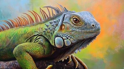 Fototapeta premium Realistic close-up of a green iguana basking in sunlight, showcasing its textured scales and vibrant colors against a soft pastel background