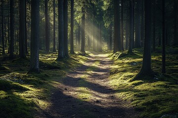 Obraz premium photo of forest path in a deep woods with tall trees, a dirt road, mossy ground, sun light