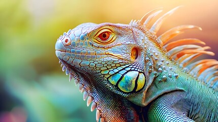 Fototapeta premium Realistic close-up of a green iguana basking in sunlight, showcasing its textured scales and vibrant colors against a soft pastel background
