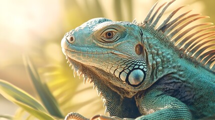 Fototapeta premium Realistic close-up of a green iguana basking in sunlight, showcasing its textured scales and vibrant colors against a soft pastel background