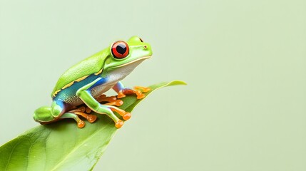 A vibrant green tree frog perched on a leaf, showcasing its bright colors and intricate patterns against a light solid color background