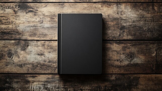 Minimalist black book cover mockup on a wooden table with ample copy space for customization