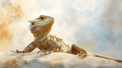 Fototapeta premium A dragon lizard basking under soft sunlight, with its textured skin glistening, set against a light pastel backdrop