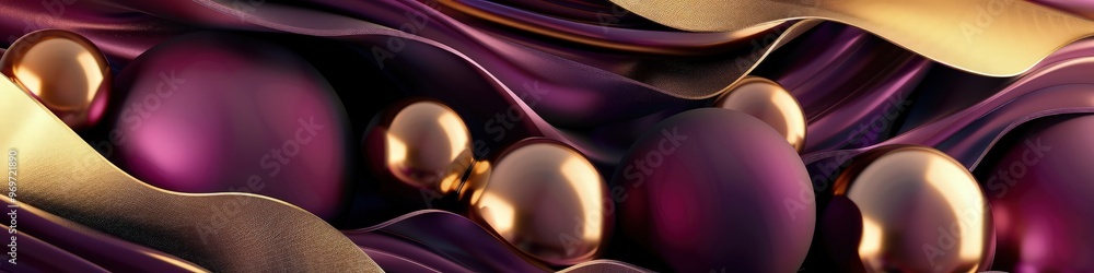 Poster a dynamic 3d abstract background with overlapping spheres and gentle curves in shades of plum purple