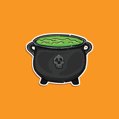 Halloween witch bowl sticker vector design illustration isolated in an orange background, halloween cauldron