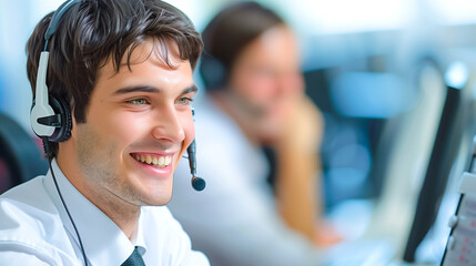	
A portrait of a young man working as a call center operator in a customer service hub, providing remote support with professionalism, assisting clients efficiently and with care.