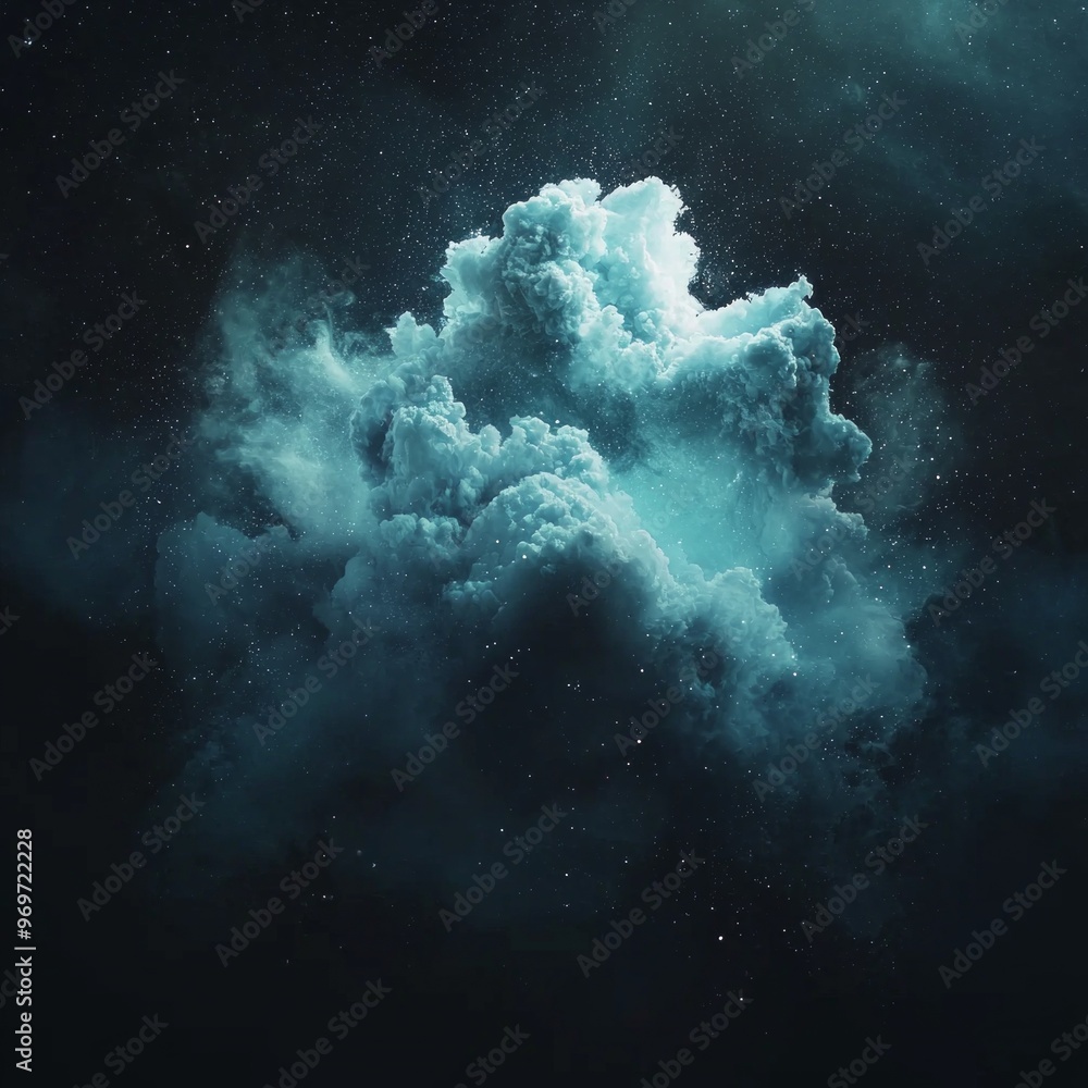 Poster ethereal turquoise particles dance and swirl, creating a mesmerizing nebula-like form on a deep blac