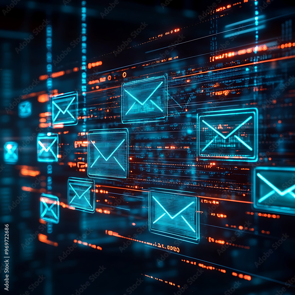 Poster database email, a series of emails being sent out and tracked on a digital dashboard, email marketin