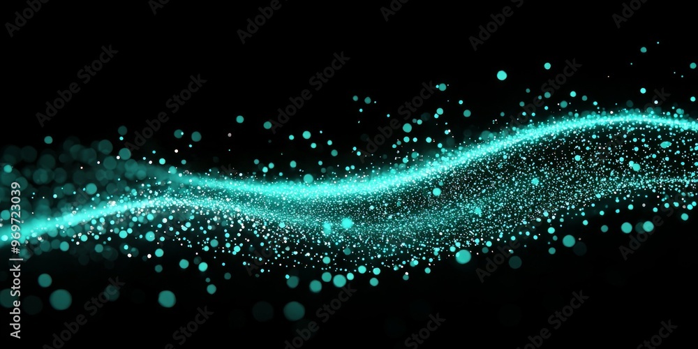 Poster turquoise particles cluster and flow in a mesmerizing wave, illuminating the darkness with a radiant