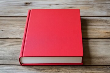 Minimalist mockup of a blank red book cover on a wooden table for design presentation