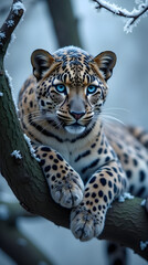 Naklejka premium Majestic Leopard with Striking Blue Eyes in a Snowy Forest