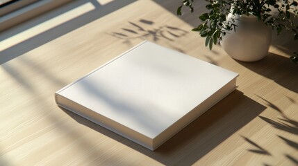 Fototapeta premium Blank white book cover mockup on a wooden table with natural light and shadows