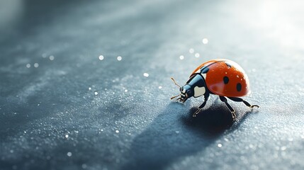 A realistic depiction of a ladybug crawling on a smooth surface, highlighting its intricate details and vibrant colors, with ample copy space