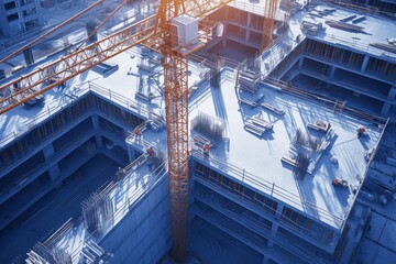 Fototapeta premium Aerial View of Large Residential Complex Under Construction with Cranes and Workers
