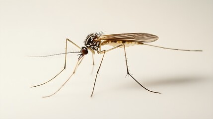 A close-up of a mosquito perched delicately on a light solid color background, showcasing its intricate wing patterns and slender body