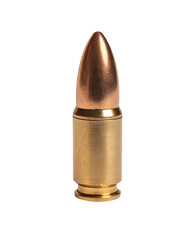 9mm handgun bullet with brass casing and copper tip
isolated background