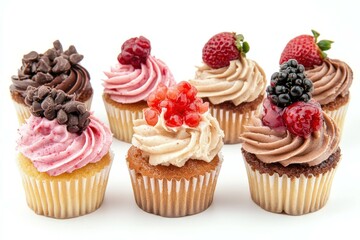 Delicious assortment of cupcakes with various frosting and toppings